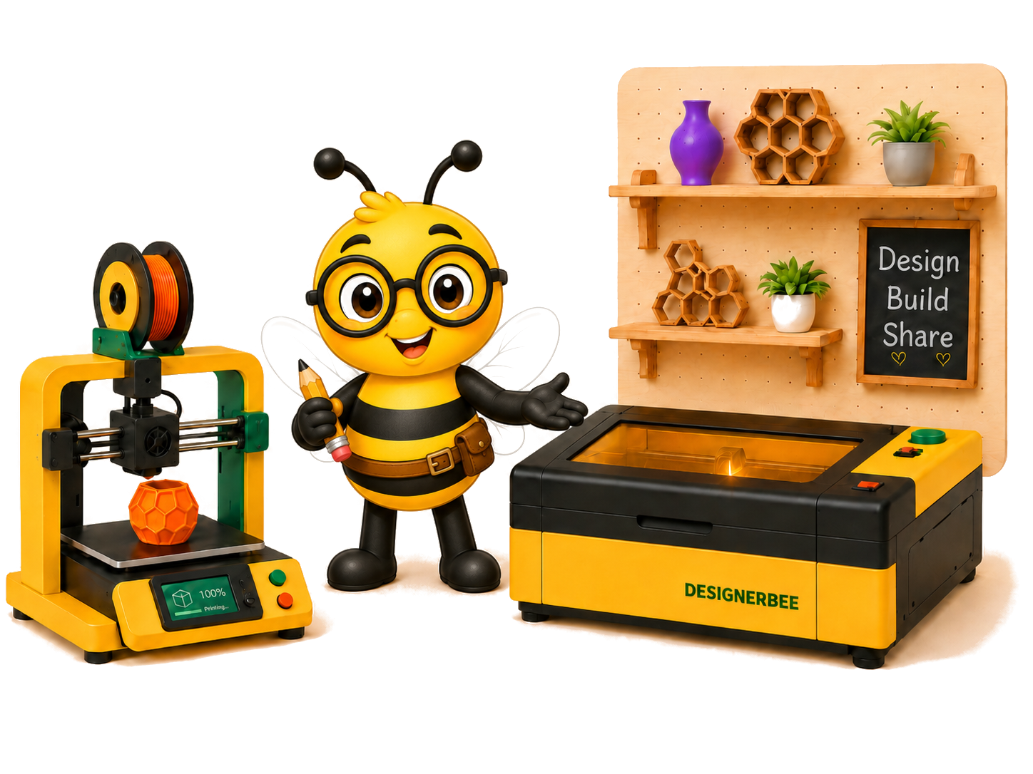 Designer Bee mascot in a workshop, standing between a 3D printer and a DesignerBee laser cutter
